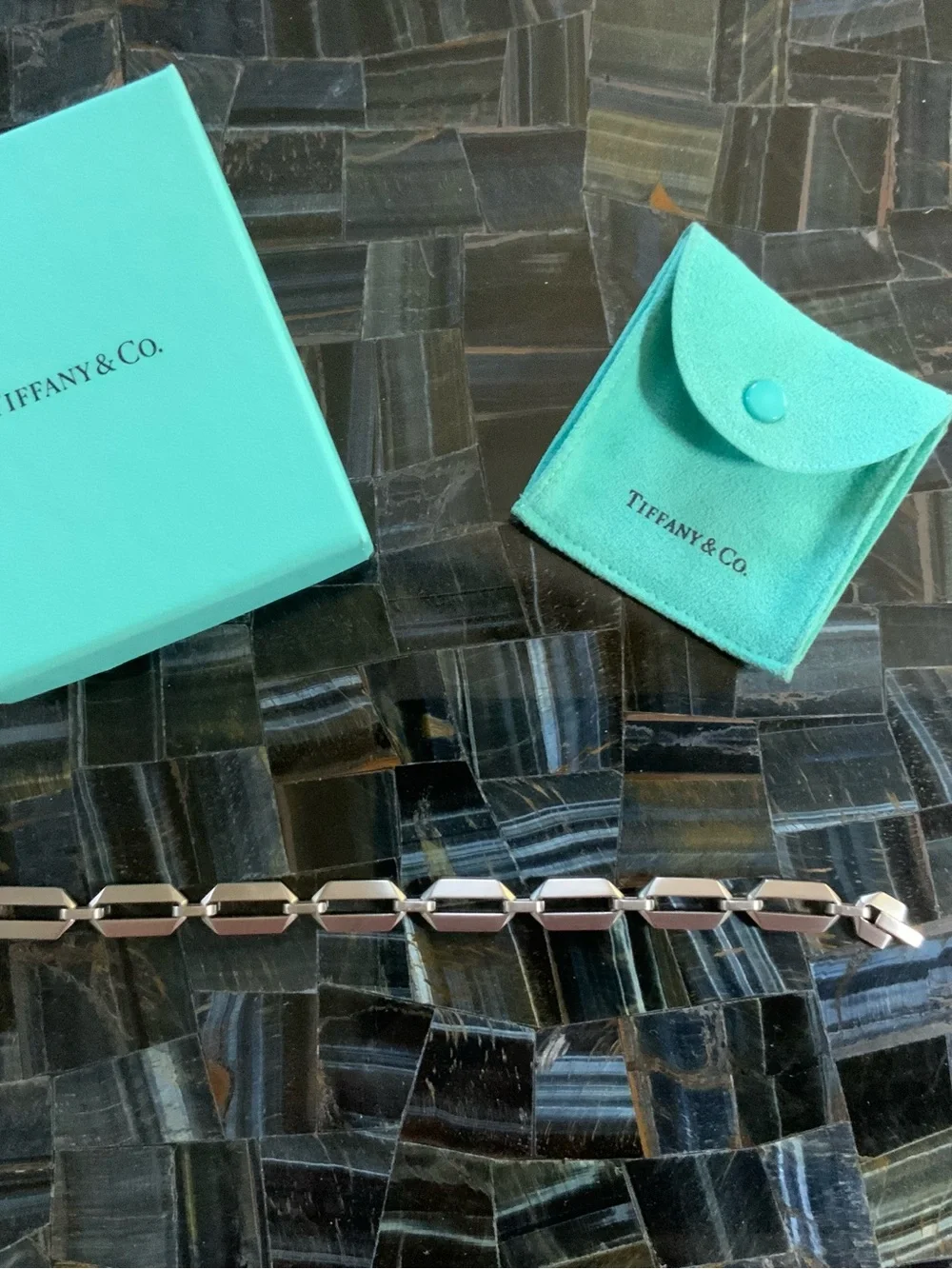 Tiffany & Co. Silver Geometric Link Bracelet w Tiffany Blue Pouch-Men’s/Woman